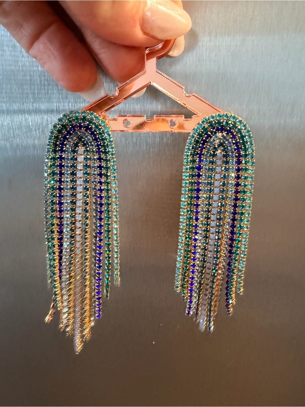 Blue and Teal Crystal Fringe Drop Earrings - Women Jewelry